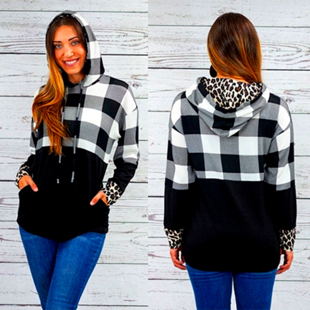 Sunshine and Rodeos Buffalo Plaid Hoodie Leopard Accents hoodie sleeves 3XL